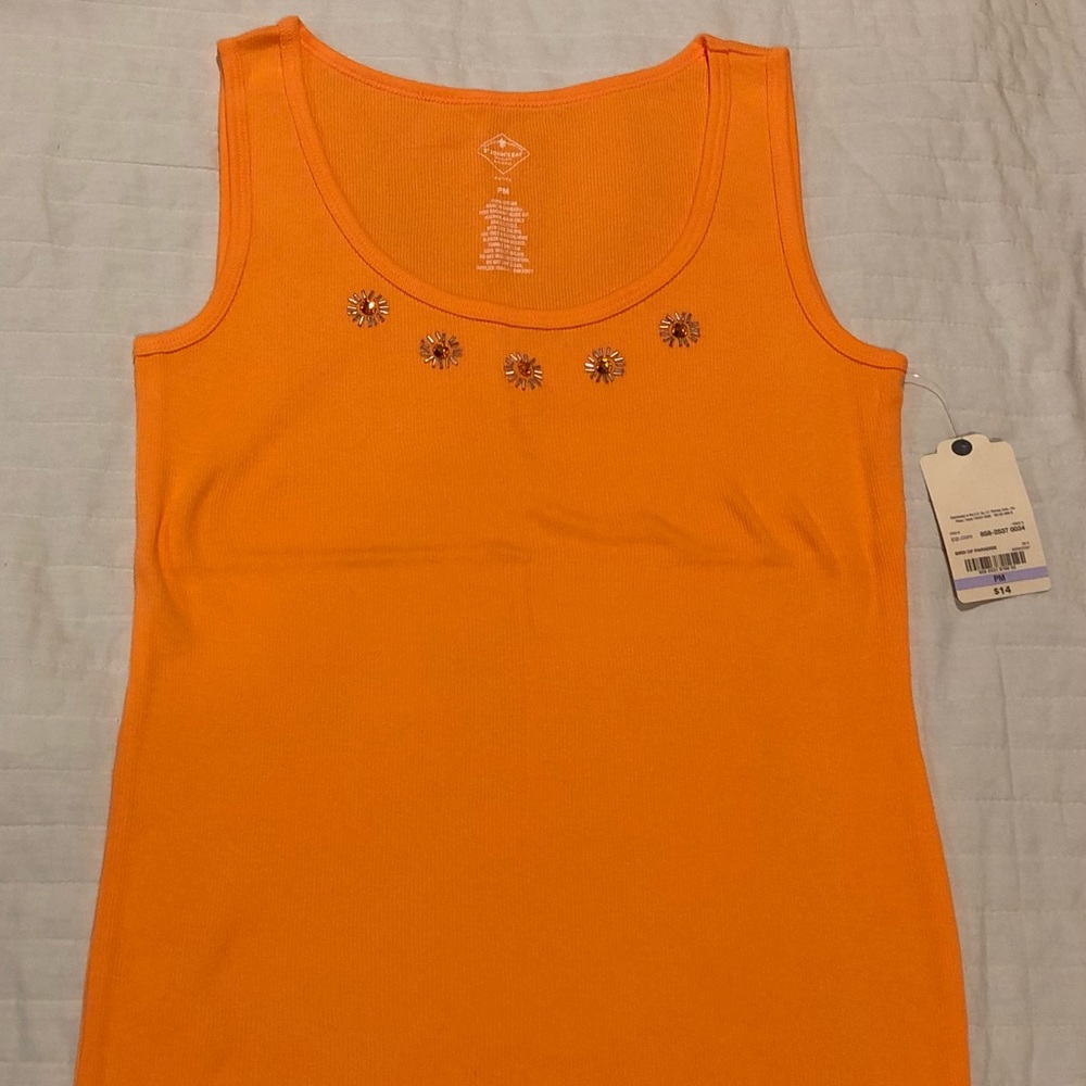 St John’s Bay, NWT, women’s orange tank top, 100% linen, w/ accents on front, PM